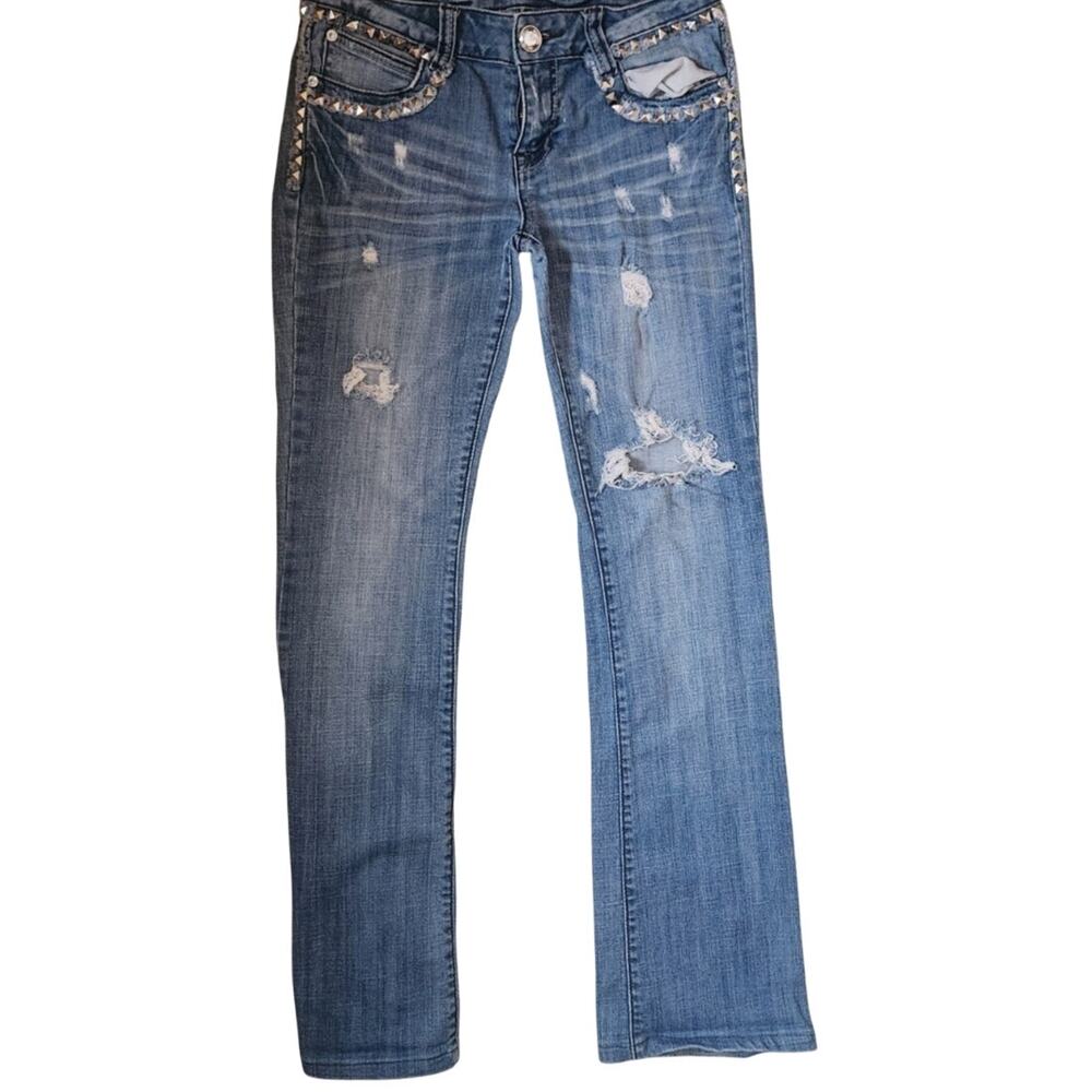 LA Idol distressed embellished stretch jeans, size 7